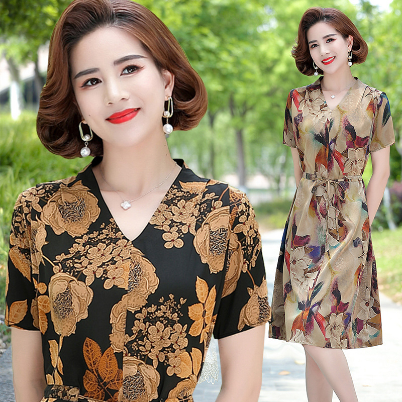 妈妈连衣裙2022夏季新款中老年女装雪纺裙子大码时尚短袖印花裙子