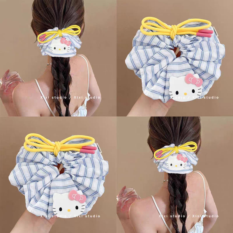 スイートキティ猫リボンヘアバンド女性用ブルーストライプヘアゴムバンドボールヘアロープヘッドバンド|undefined