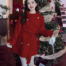 红色赫本风短款毛呢大衣外套女秋冬季加厚2025新款爆款高级感呢子