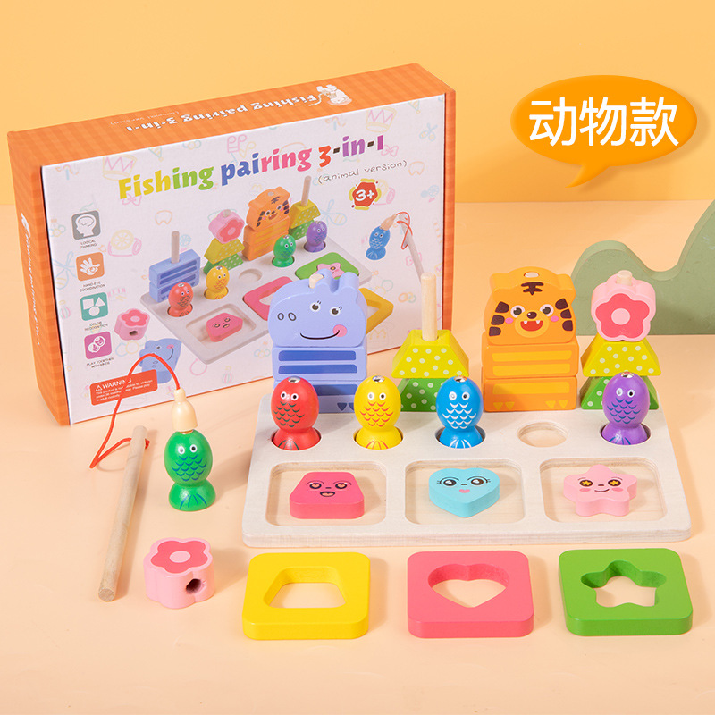 Niños de madera pesca magnética 3 - en - 1 conjunto de iluminación digital adición y sustracción de rompecabezas de educación temprana forma de columna emparejada