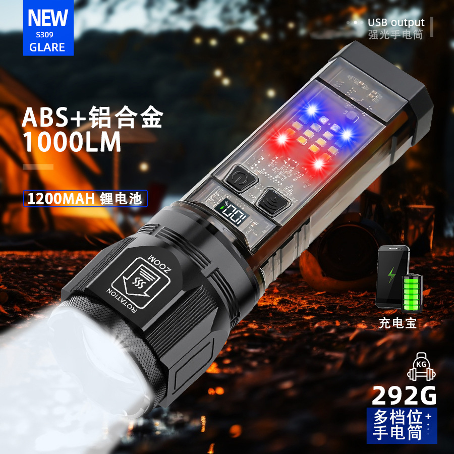 Lintera portátil multifuncional al aire libre transfronteriza luz de luz brillante zoom de aleación de aluminio luz de advertencia de luz brillante luz de largo alcance