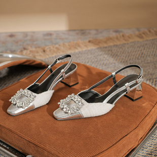5205 new style metal closed toe back empty stitching sandals chunky heel high heel women's single-layer shoes 2024 fashion rhinestone square buckle