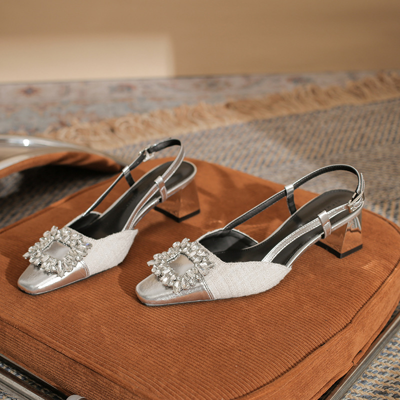 5205 new style metal closed toe back empty stitching sandals chunky heel high heel women's single-layer shoes 2024 fashion rhinestone square buckle