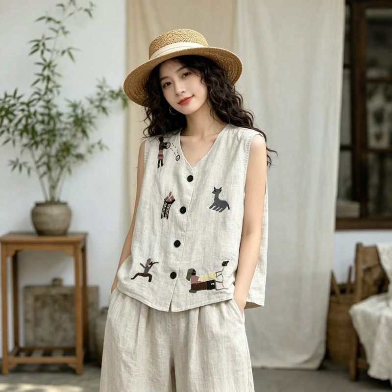 2026 Summer New Style Simple Little Horse Embroidery Crochet Linen Shirt Loose Round Neck Cardigan Top for Women 2026 Summer New Style Simple Little Horse Embroidery Crochet Linen Shirt Loose Round Neck Cardigan Top for Women