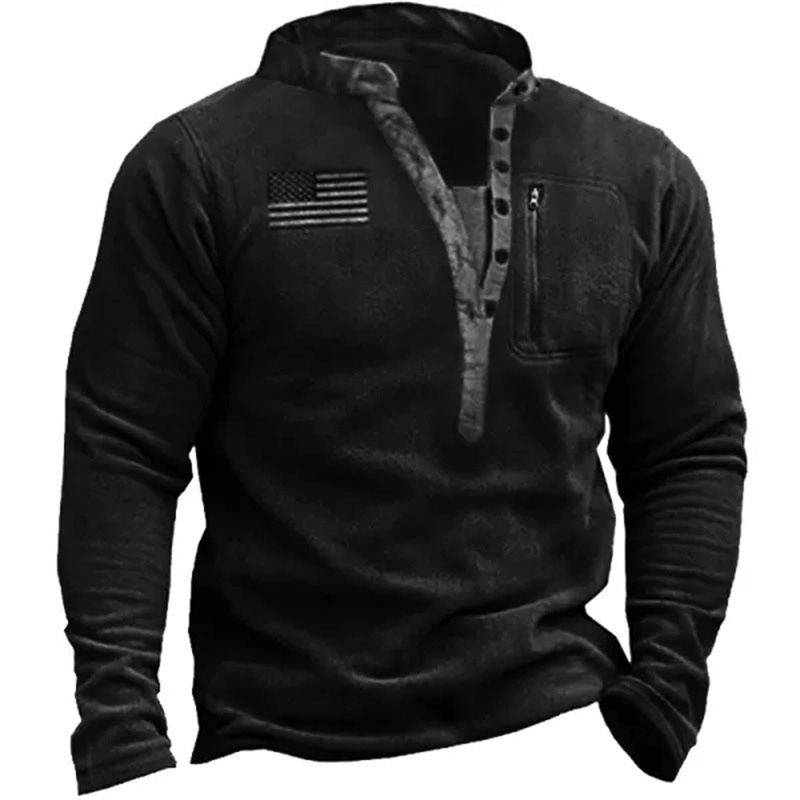 Men's V-Neck Button-Down Fleece Thermal Tactical Hoodie With Long Sleeves For Training And Workouts_viptrois.com