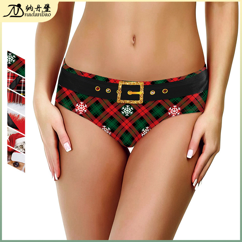 2024 European and American New Christmas Underwear Female Sexy Digital Printed Briefs Christmas Plaid Snowflake Women's Underwear