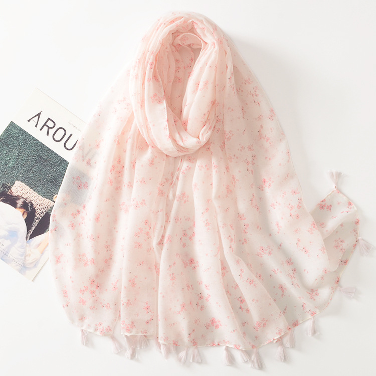 Estilo coreano nuevo rosa claro floral impreso borla larga bufanda decorativa otoño e invierno cálido chal bufanda de algodón y lino