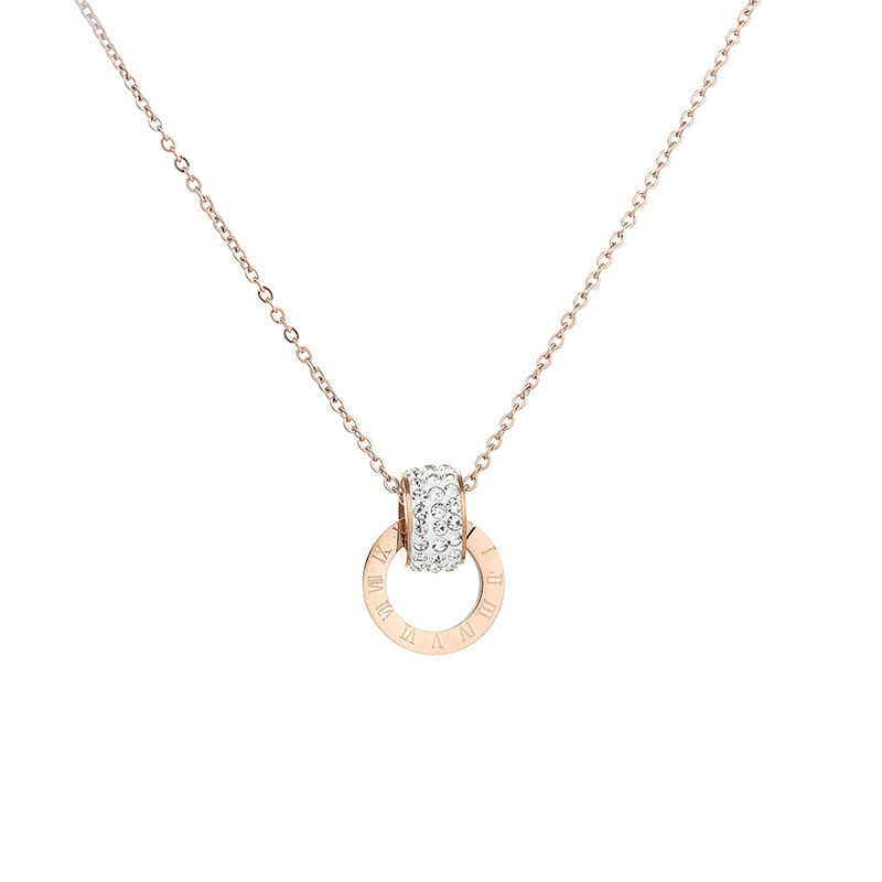 [Acciaio al titanio a corpo intero] Ciondolo ad anello circolare romano da donna con tre file di anelli di diamanti, osso di bloccaggio in oro rosa_voghion.com