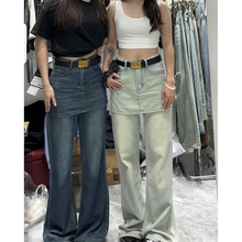 复古小众假两件拼接直筒牛仔裤女2024年秋季新款宽松显瘦拖地长裤
