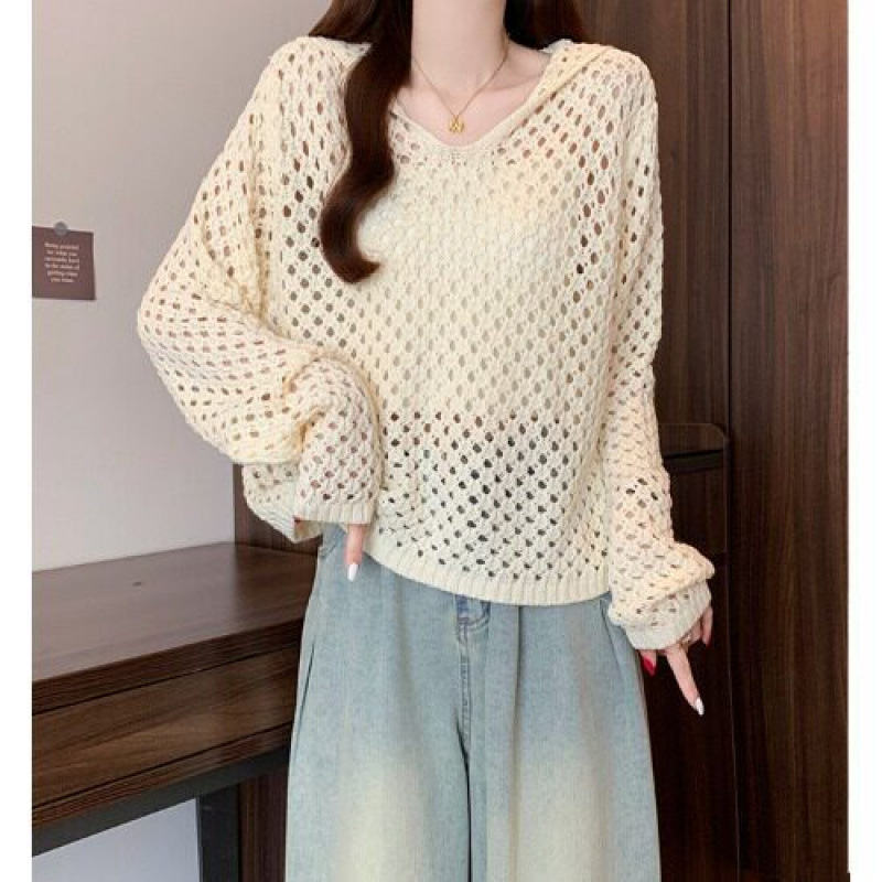 Hooded Mesh Hollow-Out Versatile Knit Top 2026 New Spring/Summer Loose Women's Slimming Sun-Protective Cover-Up Shirt