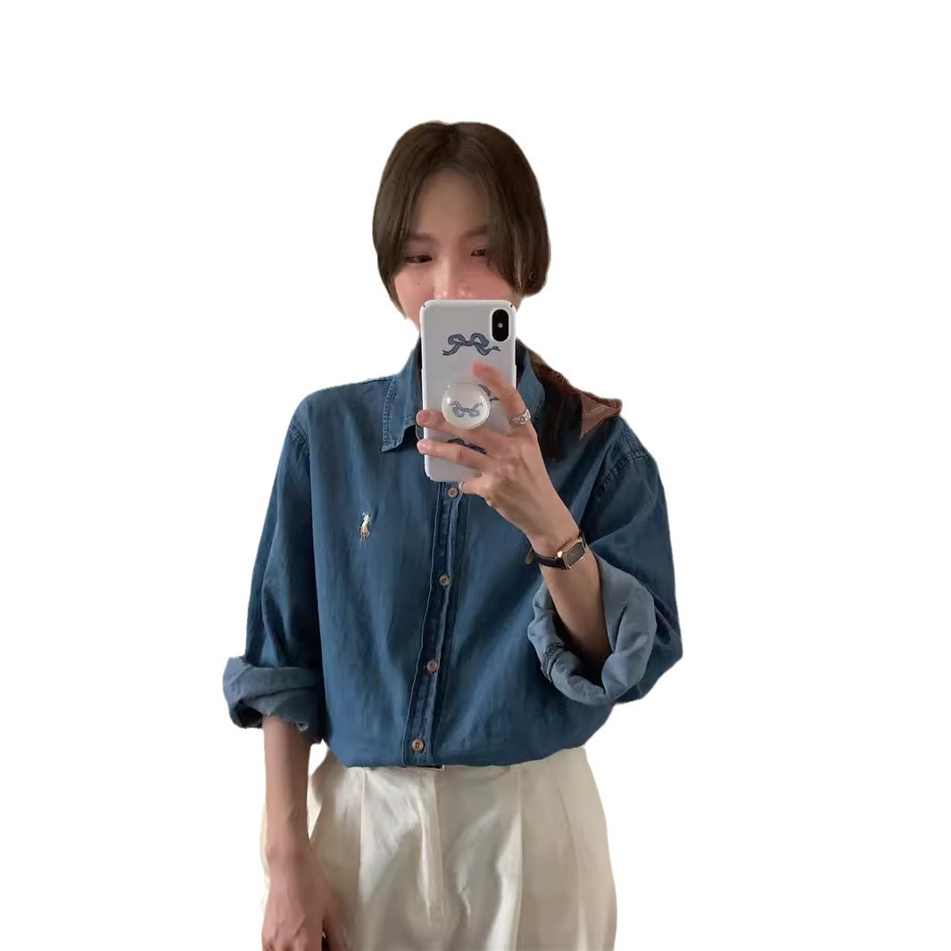 리얼 샷 2024 간단한 클래식 포니 자수 폴로 칼라 워시 워터 데님 긴 소매 셔츠의 한국어 버전