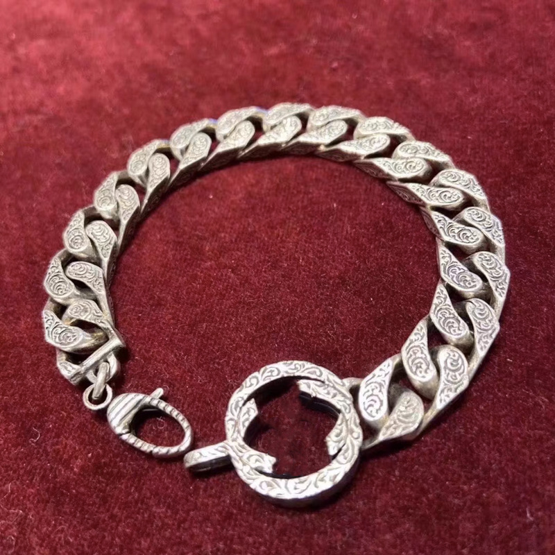 Ancient 925 Silver Double G Cross-Buckle Carved Pattern Vintage Bracelet for Men and Women Couple Same Style Old Style Bracelet