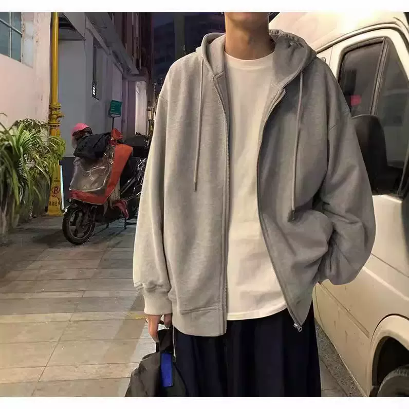 春秋季港风卫衣男连帽开衫韩版潮流学生薄款外套宽松加绒外套批发