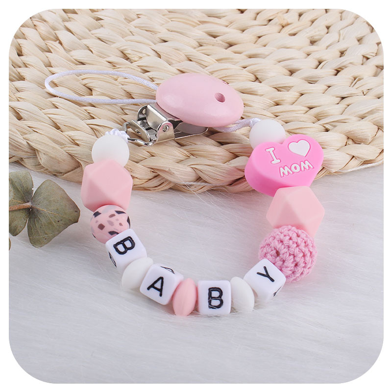 Bebé dibujos animados amor dos lados mamá papá silicona mordedor personalizable bebé nombre pezón cadena anti-caída