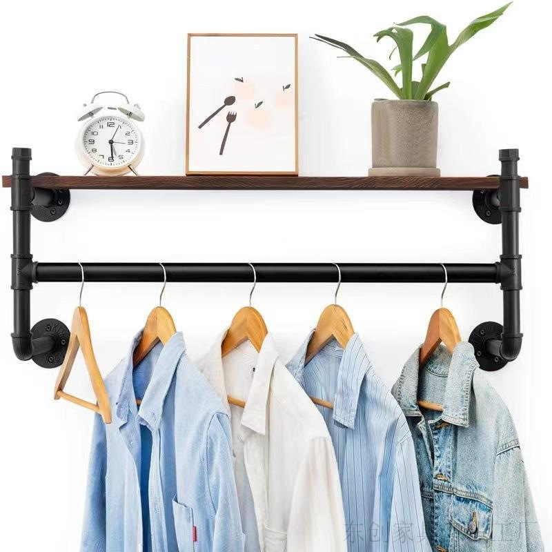服装店衣服展示架工业管壁挂货架一字实木搁板置物架上墙挂衣架
