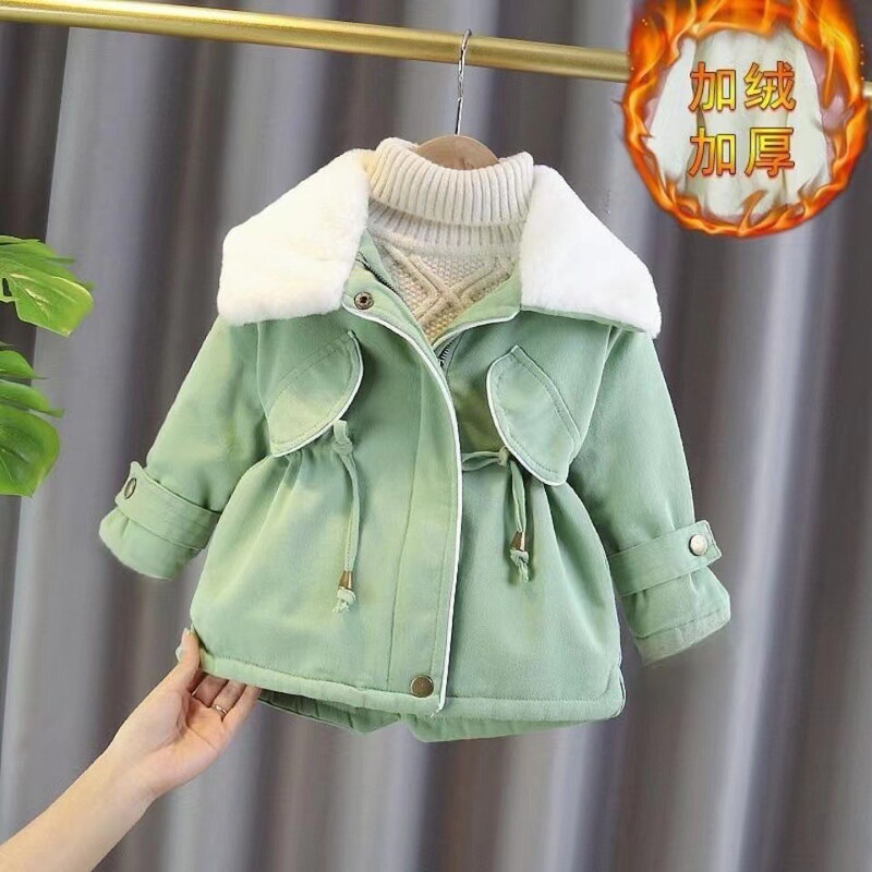 Baby Girl's Winter Coat with Velvet Warm Mid-length Coat for Girls New Children's Winter Western Style Cotton-padded Coat Trendy