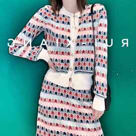 欧洲站2020秋季新款小香风提花长袖针织衫+显瘦包臀裙时尚套装裙