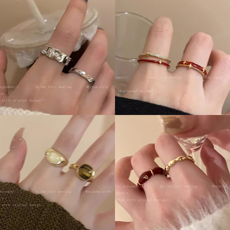 Silver plain zircon open ring set for women, cold style couple ring, fashionable and personalized index finger ring trend