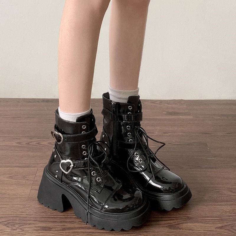 Black British Style High-Heeled Boots for Women 2025 New Summer Small Height Increasing Versatile Sweet and Cool Short Boots
