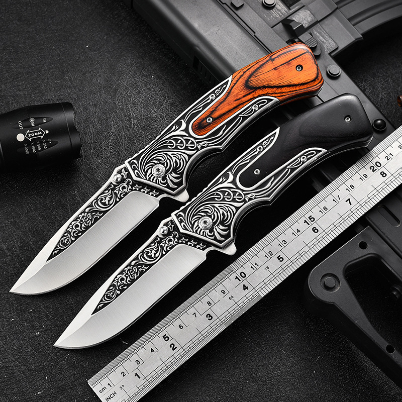 户外刀具扎花工艺高硬度折叠刀登山野营防身迷你折刀多功能求生刀