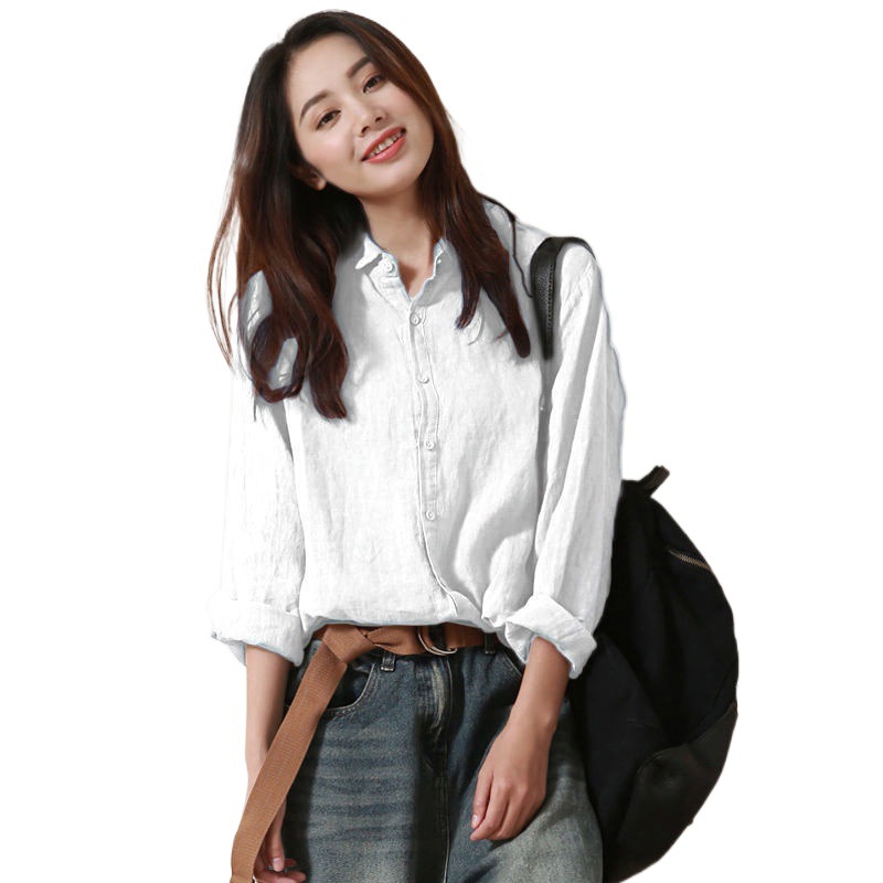 [신강면] 예술면 · 리넨 셔츠 여성 신톱 디자인 틈새 느슨한 긴팔 리넨 셔츠