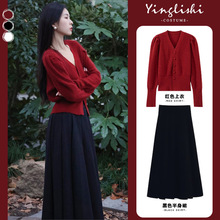 深秋冬女装茶系穿搭一整套龙年本命年红色上衣小香风套装连衣裙子