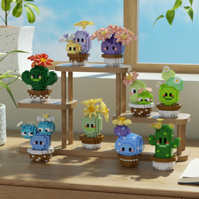 Compatible con la red alta cactus plantas suculentas escritorio decoración creativa para niños niñas ensamblaje juguetes bloques de construcción