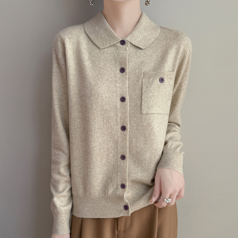 Spring and Autumn New Polo Tie Pocket Women's Wool Knitted Cardigan Fashion Easiest for Match Loose Casual Long Sleeve Tops Top