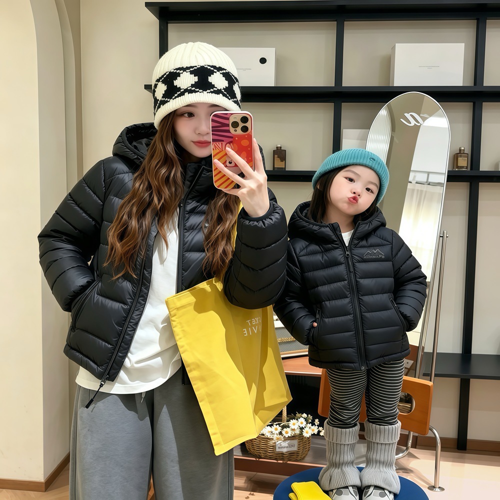 New children's jacket for older kids, casual lightweight hooded parent-child cotton coat, down cotton jacket with ribbed embroidery