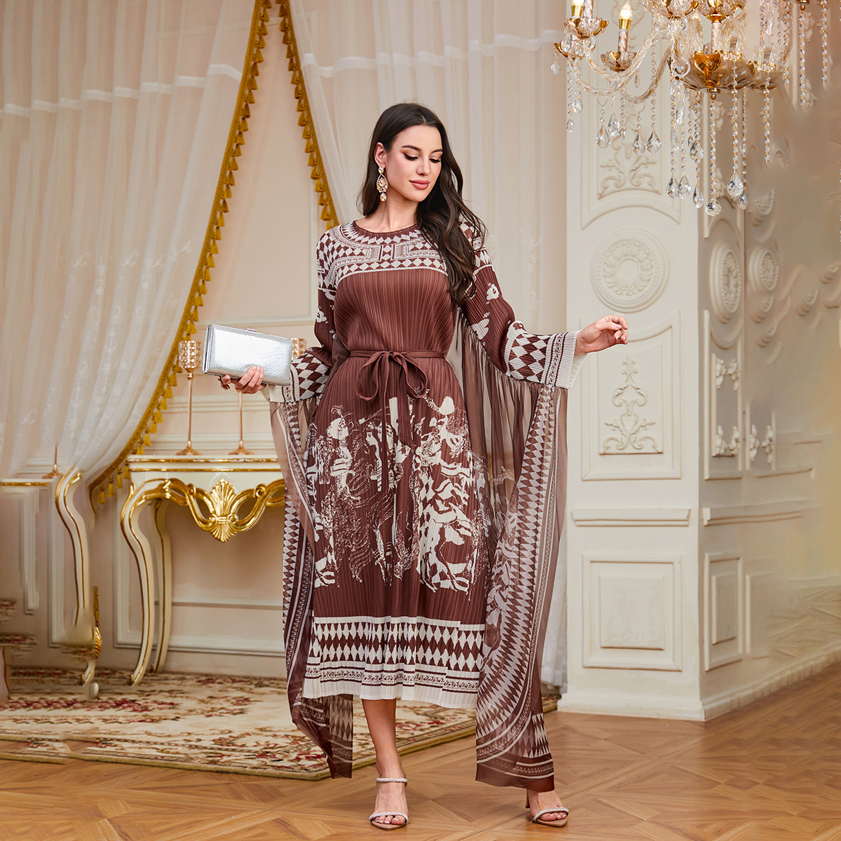 New Cross-border Pleated Printed Loose Bat-sleeve Heavy-duty Arabic Robe With Ties, Plus-size Elegant Dress For Women_ecoleips.com