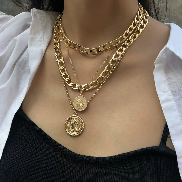 Cross-Border Popular Multi-Layered Gold Coin Necklace, Vintage Beauty Head Coin Choker, European and American Hip-Hop Style Neck Accessory