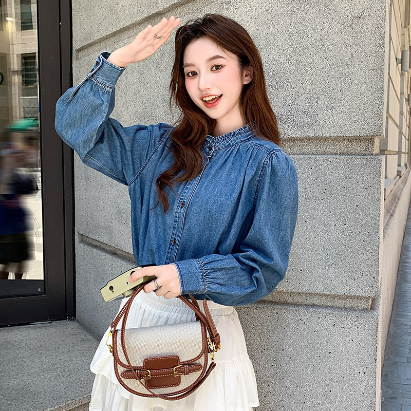 Retro Chic Lace Collar Denim Shirt for Women Autum New French Loose Casual Outer Wear Versatile Shirt Jacket