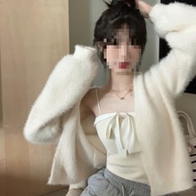 小香风外穿仿水貂毛绒外套女秋冬2024新款毛衣短款小个子针织开衫