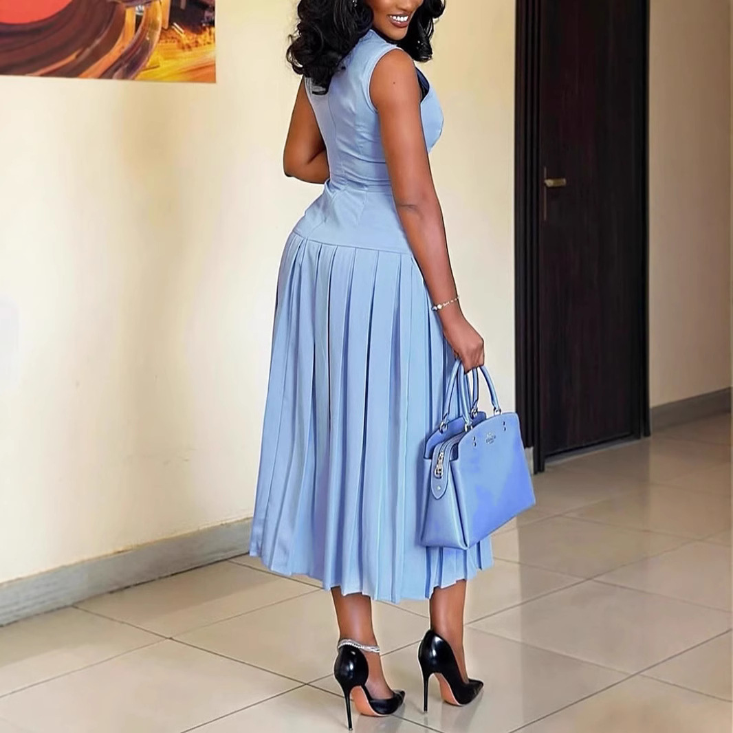 Women's Casual Sleeveless Dress Pleated Dress Solid Color_voghion.com