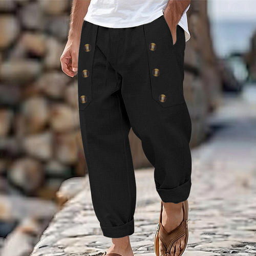 Best-selling cross-border independent station American casual Hawaiian beach men's casual multi-button cotton linen loose pants for men
