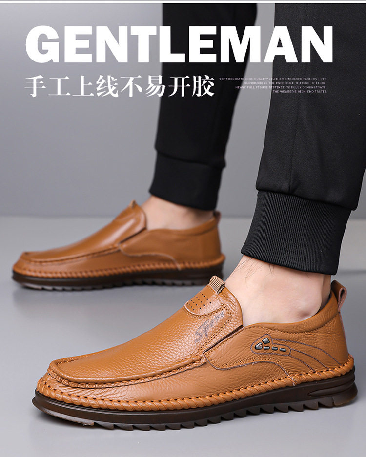 Giày lười nam da bò lớp đầu cỡ lớn, mũi tròn, đế bằng, phong cách casual — Màu nâu, Màu trắng ngà, màu đen chi tiết 5