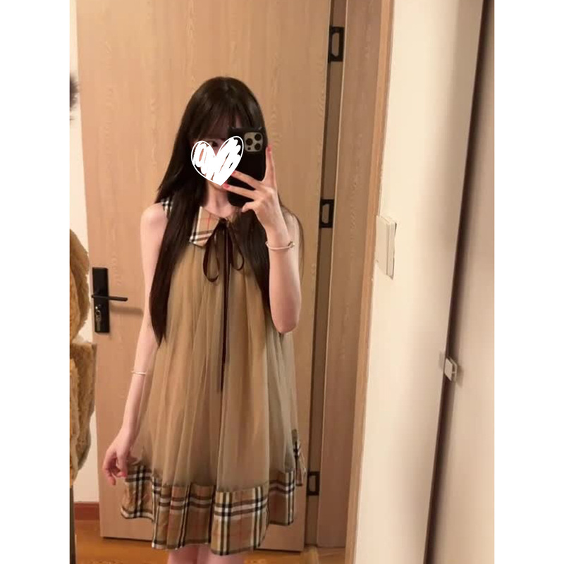 British Classic Plaid Lapel Sleeveless Mesh Babydoll Dress with Tie Bow Design at the Neckline, Short Dress British Classic Plaid Lapel Sleeveless Mesh Babydoll Dress with Tie Bow Design at the Neckline, Short Dress