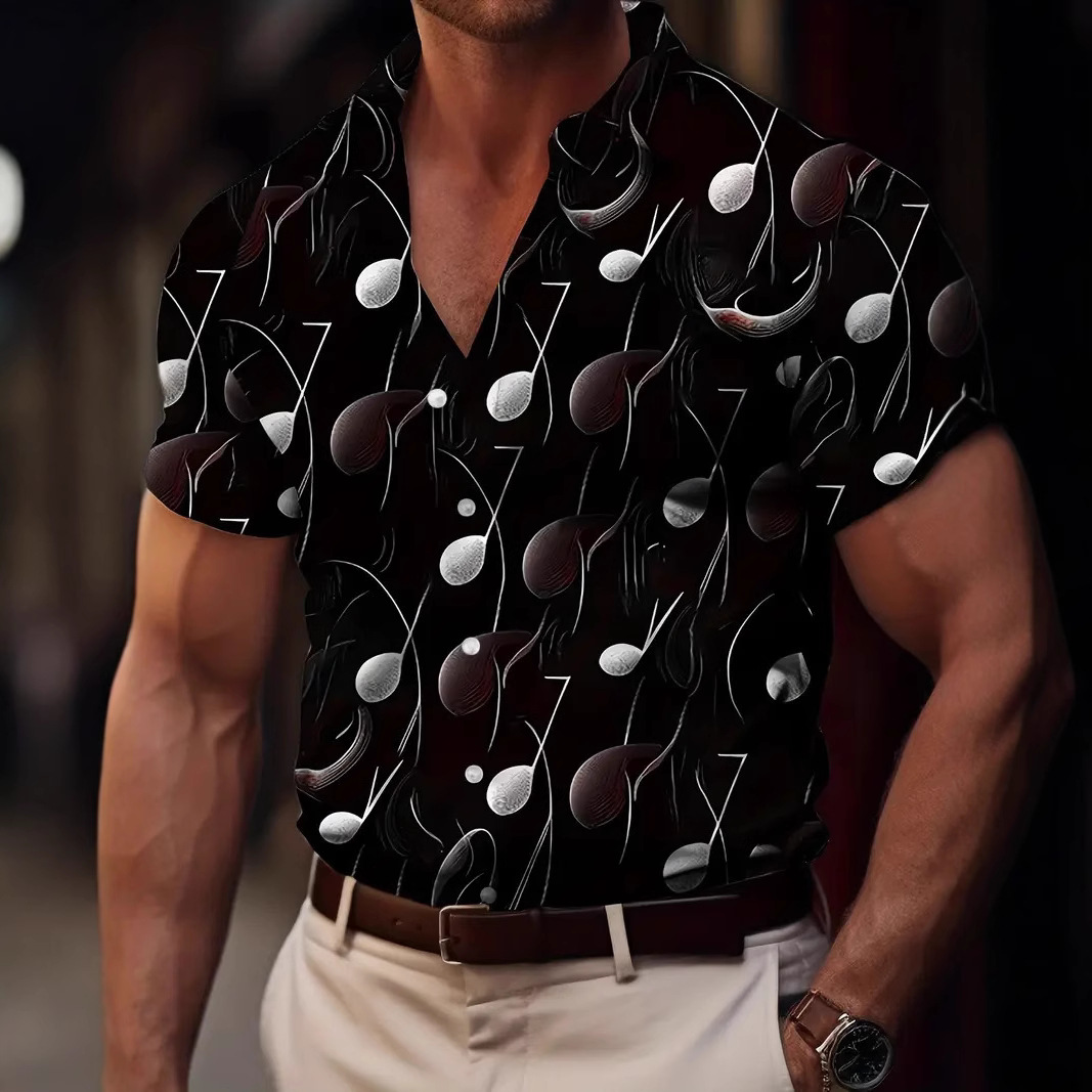 Camisa de manga corta con estampado de nota ancha popular retro de marca de moda europea y americana de verano 2024 para hombres MB1