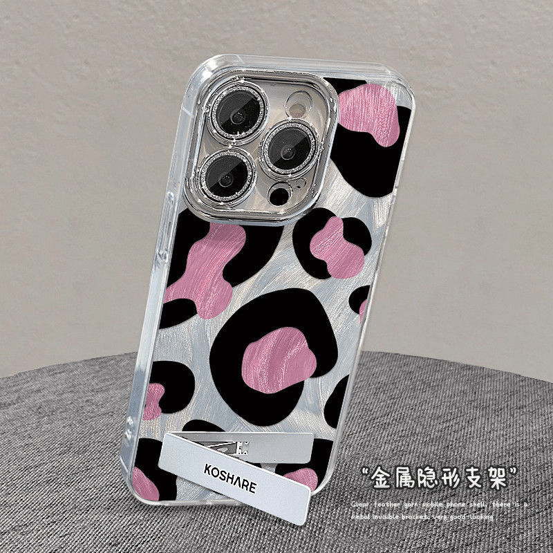 小众甜酷黑粉豹纹羽纱适用iphone16promax手机壳支架苹果15保护套|undefined