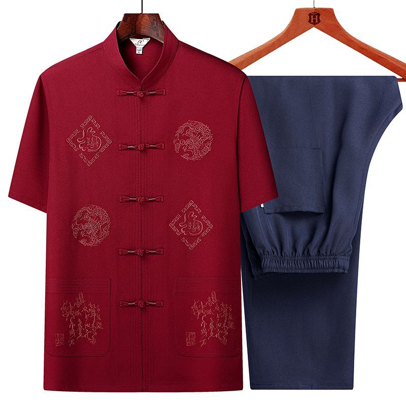 Middle-aged and Elderly Tang Suit Men's Short-sleeved suit Summer Chinese Style Hanfu Men's Dad Shirt Old Man Grandpa Clothes