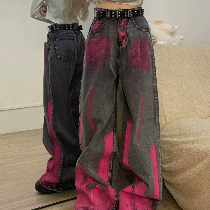 Американский винтажный розовый граффити высокого уровня серые джинсы женские высокие улицы свободные прямые брюки с широкими ногами