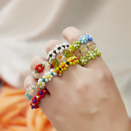Manufacturer Hyuna style handmade rice bead flower ring Japanese and Korean same style ring colorful braided small flower index finger for women