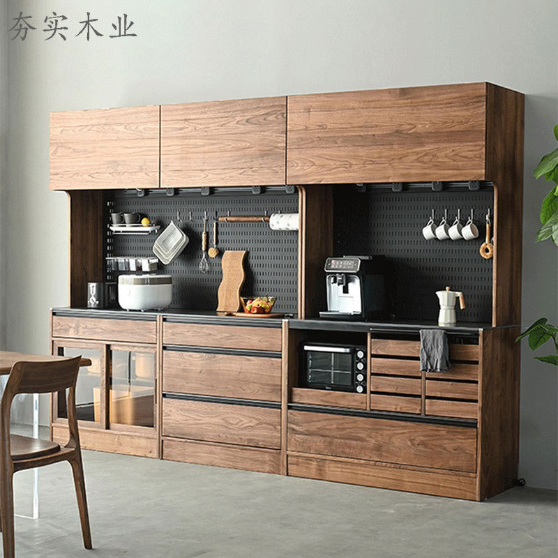 North American Black Walnut Solid Wood Sideboard, Natural Wood Living Room Integrated Wall-Mounted Display Storage High Cabinet, Custom-Made All Solid Wood