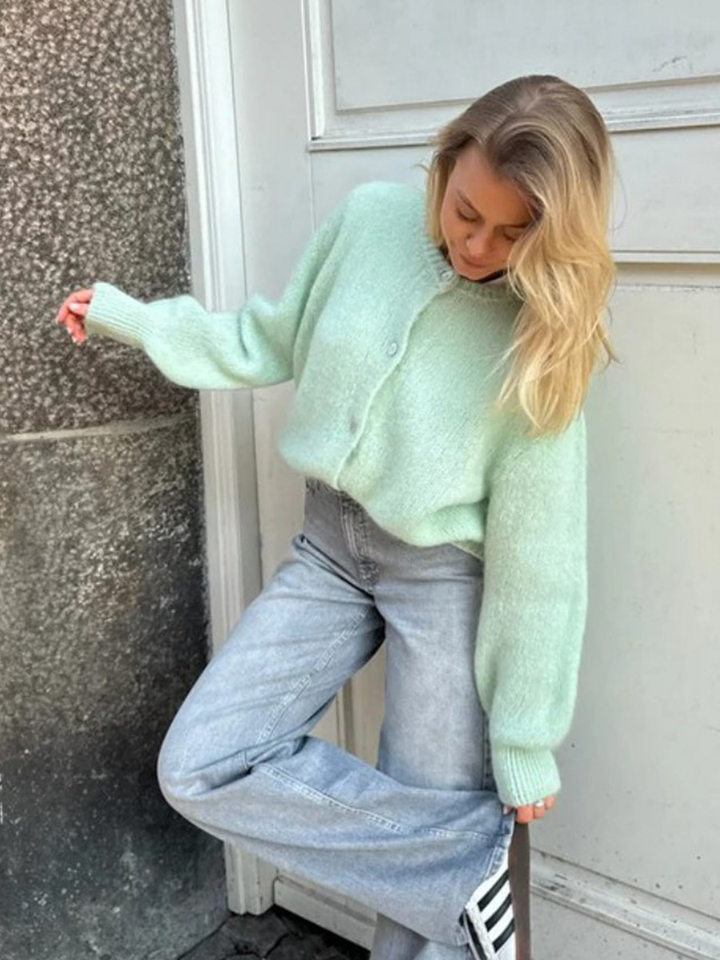 Áo cardigan len dệt kim dáng mỏng nhẹ cài nút một hàng, tay dài cổ tròn nữ — hoa hồng đỏ, màu be, màu cam, màu hoa cà chi tiết 8