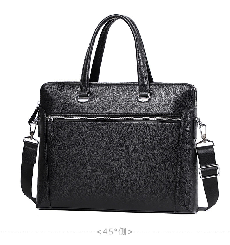Cặp công sở mỏng da bò thật hai dây kéo, túi xách tay đeo chéo vai cho nam, đựng laptop 14 inch, 38,5×6×28 cm — Màu đen chi tiết 15