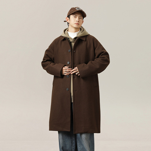 Men's Double-Faced Wool Coat, Mid-Length, Knee-Length, Windproof, Autumn/Winter, Japanese Style, Loose, Thickened, Collar Overcoat