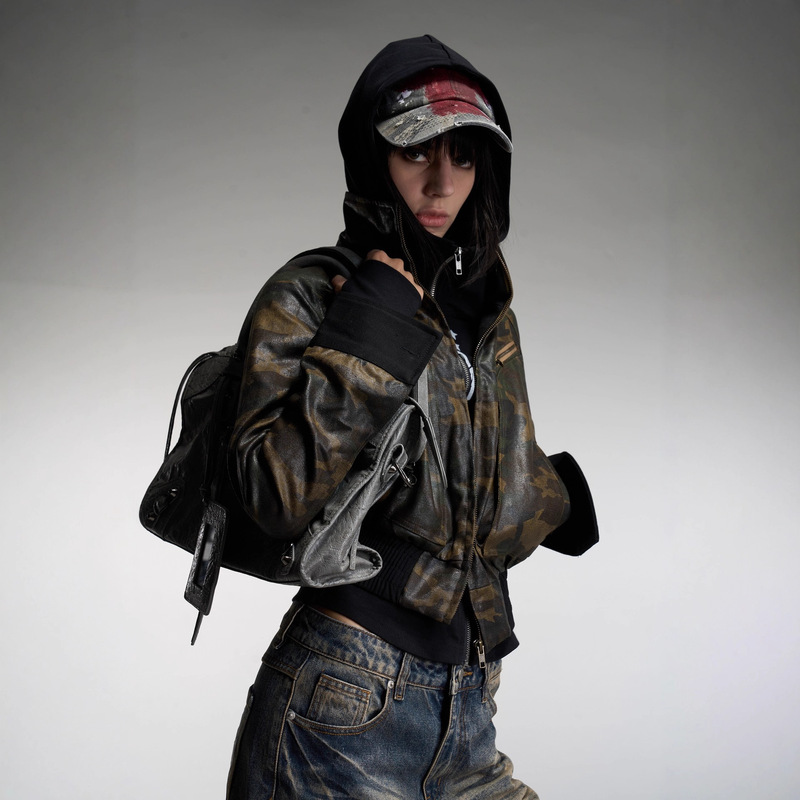 Pokiovo American-Style Spicy Girl Camouflage Patchwork Leather Short Jacket for Women, Niche Jacket Top, Trendy Women's Fashion, Shisanxing Pokiovo American-Style Spicy Girl Camouflage Patchwork Leather Short Jacket for Women, Niche Jacket Top, Trendy Women's Fashion, Shisanxing