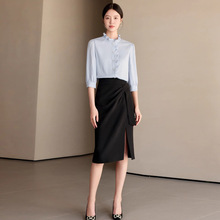 夏季新款时尚蓝色七分袖衬衫荷叶边小立领抗皱洋气范女士气质衬衣