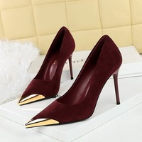 3739-32 style banquet women's high heels, thin heels, suede, shallow mouth, metal pointed iron toe, slimming single shoes