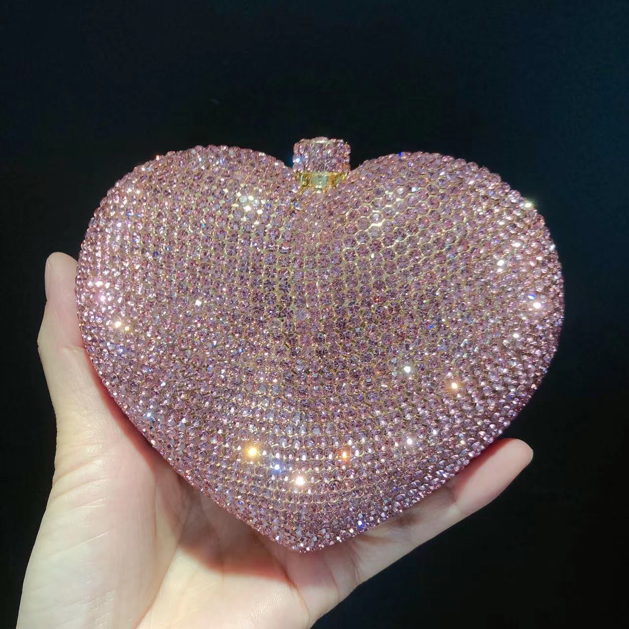 Túi clutch nữ đính pha lê hình trái tim dự tiệc — Màu hồng, Cá tính đặt làm, Màu đỏ, Vàng pha lê chi tiết 14